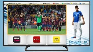 Panasonic TX-32AS500 displaying football match and smart TV apps.