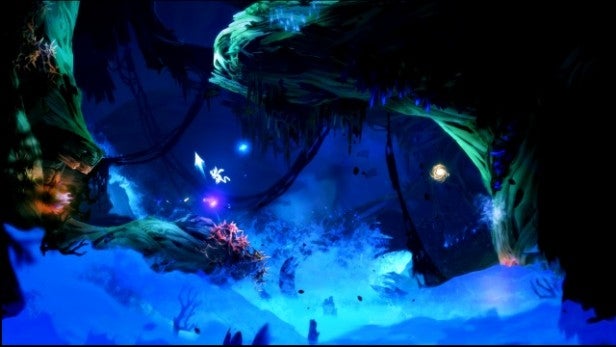 Screenshot from Ori and the Blind Forest game showing a forest scene.