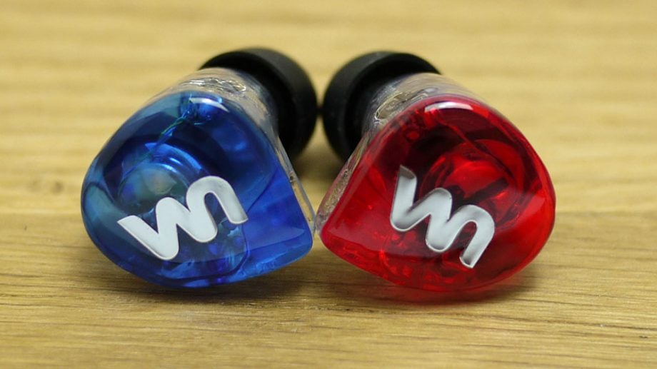 Unique Melody 3X custom in-ear monitors in blue and red.