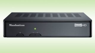 Manhattan Plaza HD-T2 Freeview HD box on a green background.