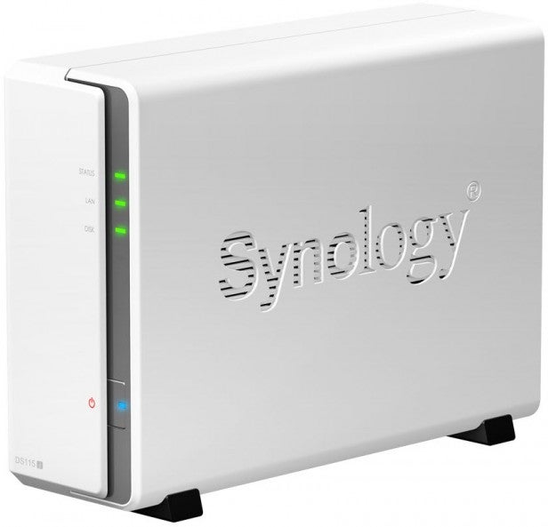 Synology NAS device with status indicator lights on.