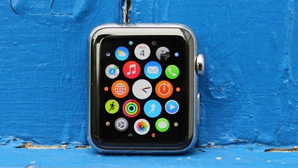 Apple Watch with app icons displayed against a blue background