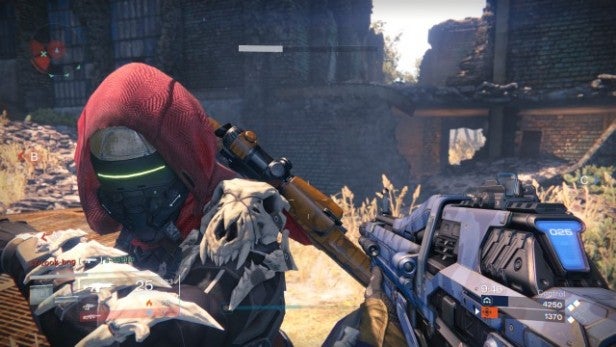 Screenshot of Destiny gameplay with character holding a rifle.
