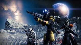 Three Destiny game characters with weapons on moon-like terrain.