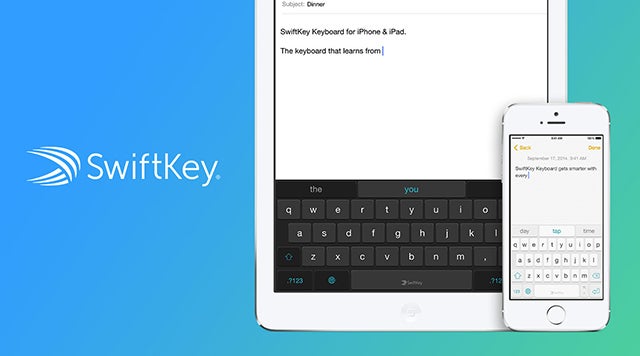SwiftKey Keyboard advertisement on iPhone and iPad screens.
