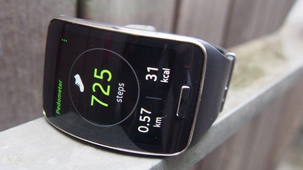 Samsung Gear S smartwatch displaying step count and calories burned.
