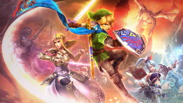 Hyrule Warriors game cover with Link and other characters.