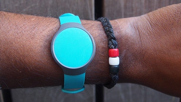 Misfit Flash fitness tracker on wrist with bracelet.