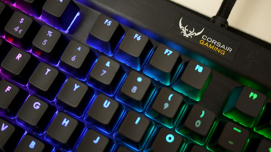 Corsair K70 RGB mechanical keyboard with backlit keys.