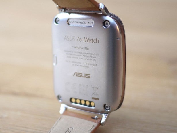 Back of ASUS ZenWatch showing water resistance and stainless steel features