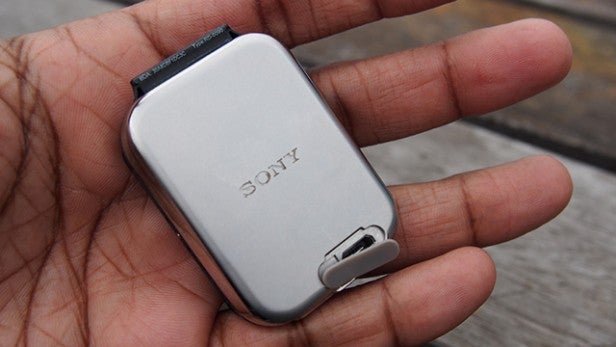 Hand holding a small Sony battery pack.