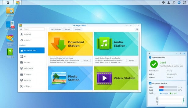 Screenshot of software interface showing various application options and system health.
