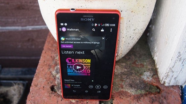 Sony smartphone displaying Walkman app on screen.