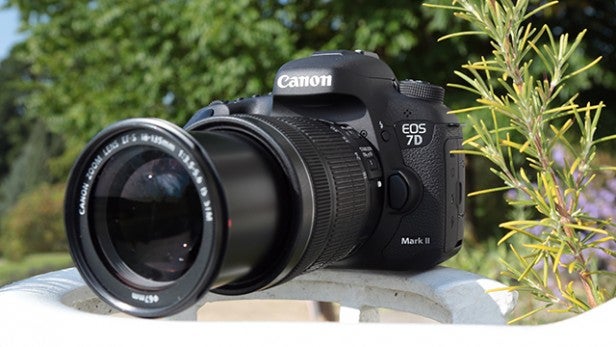 Canon EOS 7D Mark II camera on outdoor background.