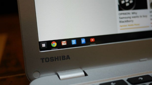 Close-up of Toshiba laptop hinge and part of the screen.