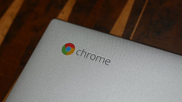 Close-up of Toshiba Chromebook 2 lid with Chrome logo.
