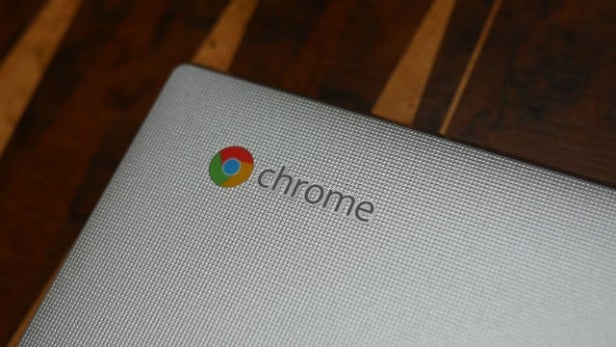 Close-up of a Chromebook lid with Chrome logo.