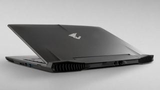 Gigabyte Aorus X3 Plus gaming laptop rear view showing ports