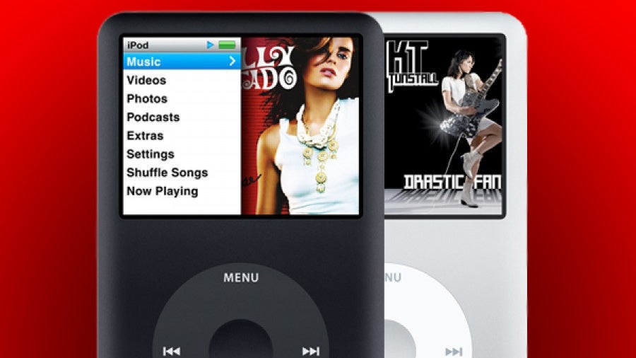Two iPod Classic models displaying album art.
