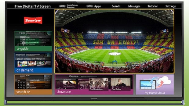 Panasonic TV displaying colorful smart interface with soccer stadium.