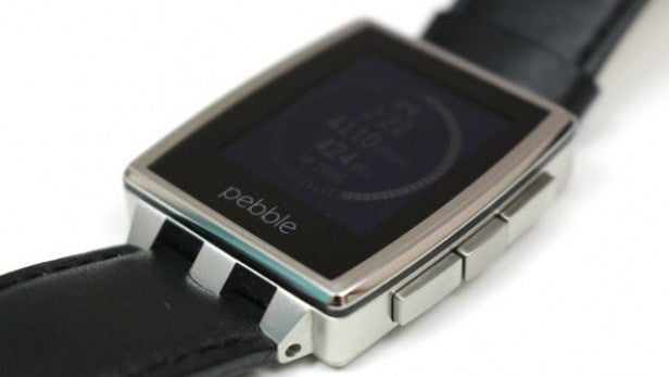 Pebble Steel smartwatch with leather strap and display on.