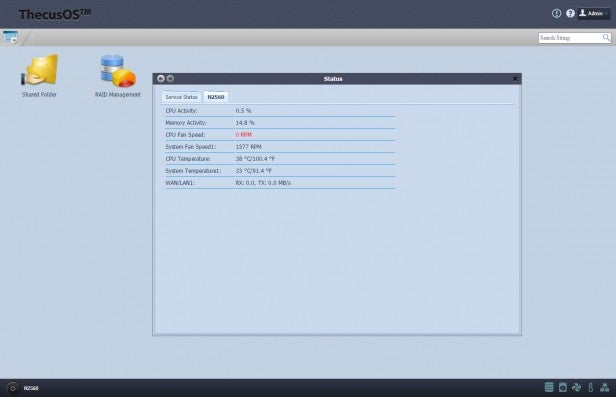 Screenshot of Thecus N2560 NAS interface showing system status.