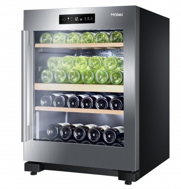 Haier WS50GDBI wine cooler stocked with bottles.