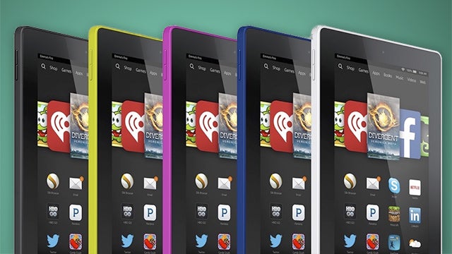 Amazon Fire HD 6 tablets in various colors displaying apps.