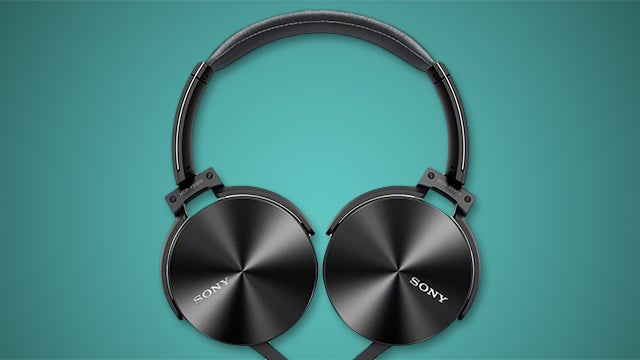 Sony MDR-XB450BV headphones on teal background.