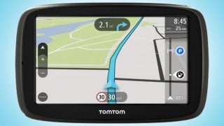 TomTom Start 50 GPS navigation system displaying a map route.
