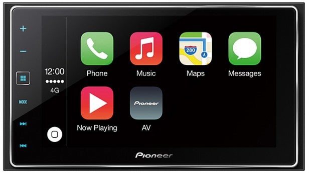 Pioneer touchscreen displaying Apple CarPlay interface.Pioneer touchscreen display with Apple CarPlay interface.Pioneer SPH-DA120 with Apple CarPlay interface displayed.