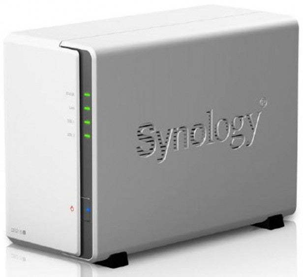 DS215j Synology network attached storage device with status indicator lights.