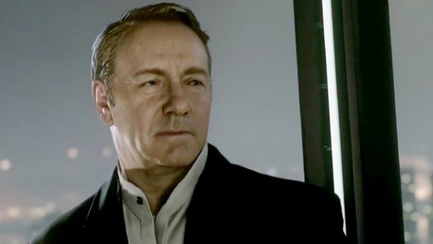 Screenshot from Call of Duty: Advanced Warfare gameplay.Middle-aged man in a suit from a game cutscene.