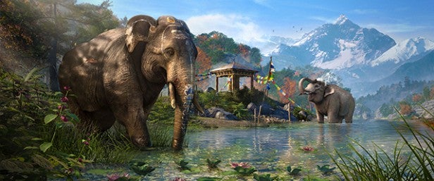 Screenshot of Far Cry 4 showing two characters in a ritual scene.Scenic Far Cry 4 in-game landscape with mountains and a canoe.First-person view of an explosion in Far Cry 4.First-person view in Far Cry 4 with gun aimed at enemy.Far Cry 4 gameplay screenshot with first-person bow and arrow.Far Cry 4 gameplay featuring character with animals and landscape.Artwork of elephants and a temple from Far Cry 4 game.
