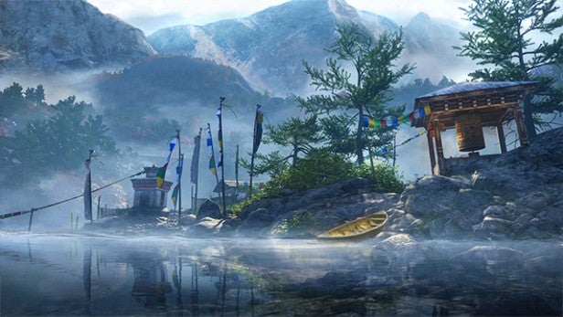Scenic Far Cry 4 in-game landscape with mountains and a canoe.First-person view of an explosion in Far Cry 4.First-person view in Far Cry 4 with gun aimed at enemy.Far Cry 4 gameplay featuring character with animals and landscape.