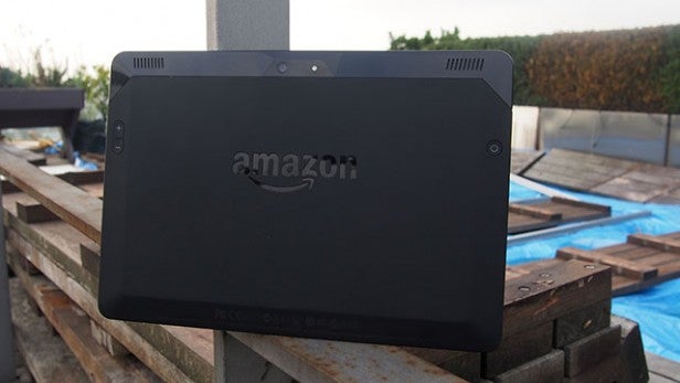 Amazon tablet on wooden pallet outside for review.