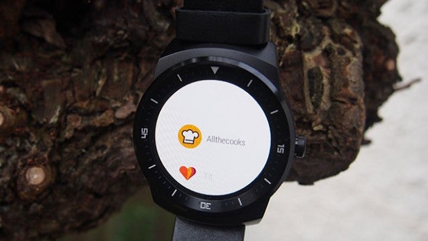 Android Wear smartwatch displaying Allthecooks app.