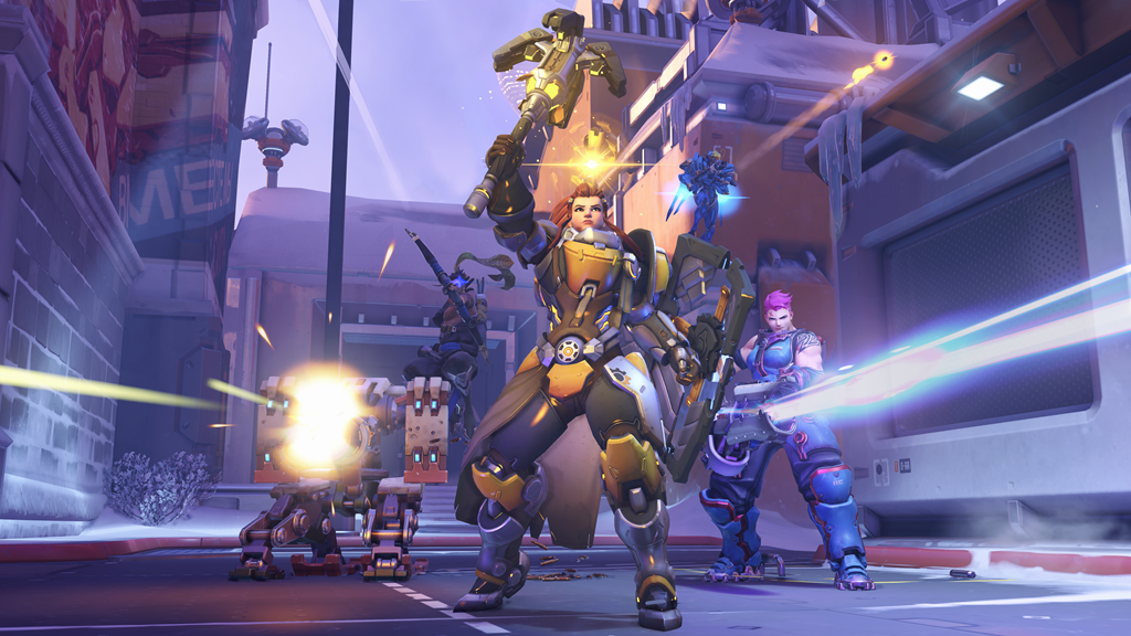 Overwatch characters in action during a game match.