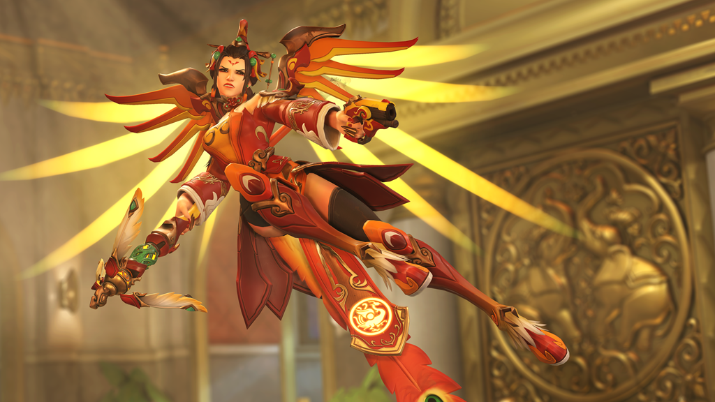 Overwatch character Mercy in a legendary skin with golden effects.