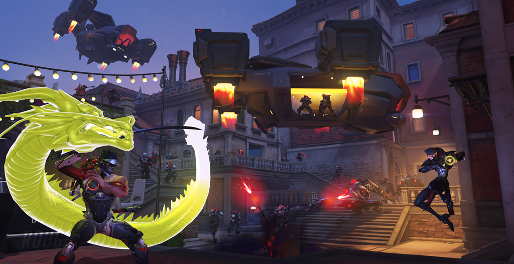 Overwatch gameplay scene with characters and holographic dragon.Overwatch game screenshot with characters and glowing effects.