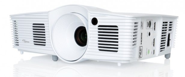 Optoma HD26White multimedia projector on a reflective surface.