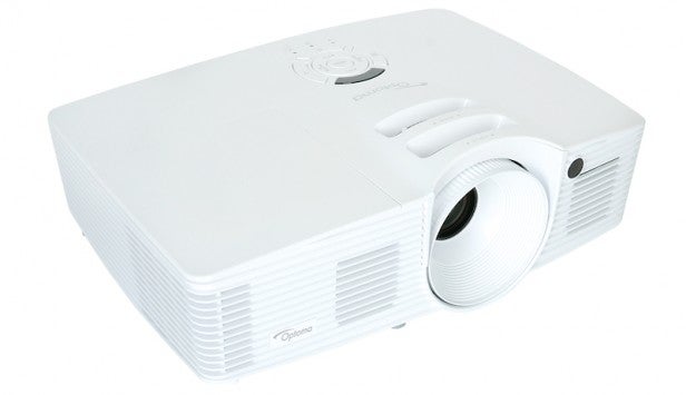Optoma HD26White projector on a plain background displaying its design.