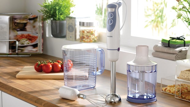 Philips Viva Collection HR1617 hand blender with accessories on kitchen counter.