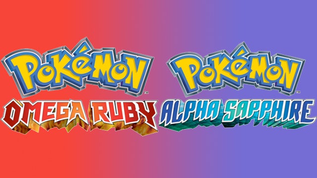 Pokémon Omega Ruby and Alpha Sapphire game logos on split background.