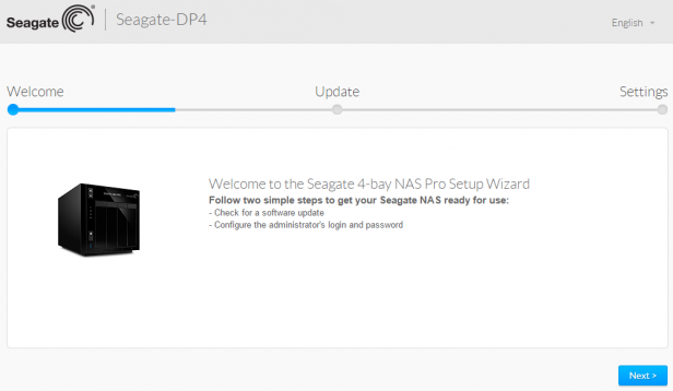 Seagate 4-bay NAS Pro setup wizard screen.