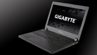 Gigabyte P35X v3 laptop on a black background.