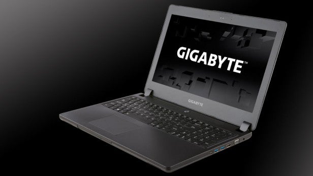 Gigabyte laptop showcasing keyboard and trackpad.
