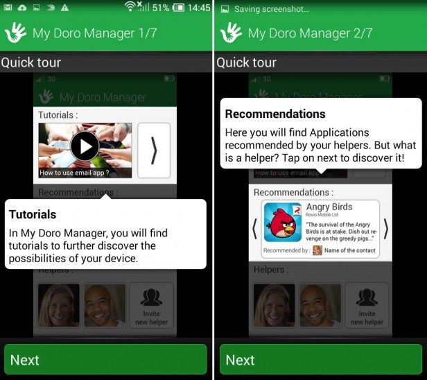 Doro Liberto 820Screenshots of a mobile app featuring tutorials and app recommendations.