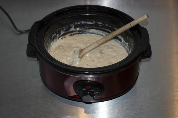 Swan 3.5 Litre Slow Cooker with oatmeal and wooden spoon.