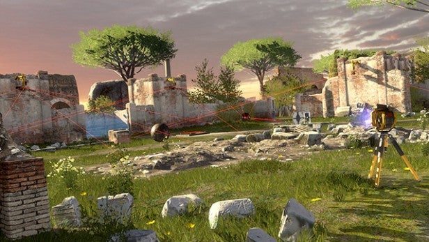 Screenshot of The Talos Principle game showing puzzle with lasers.